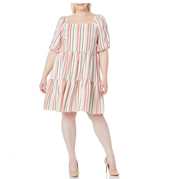 NWT Gabby Skye womens Plus Size Elbow Sleeve Square Neck Stripe Babydoll - Picture 1 of 9